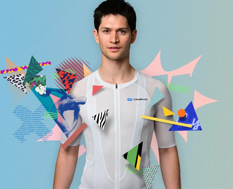 En mann i en hvit, ærmeløs sportskjorte med glidelås og 'owayo'-logoen på brystet, omgitt av fargerike geometriske former og mønstre.